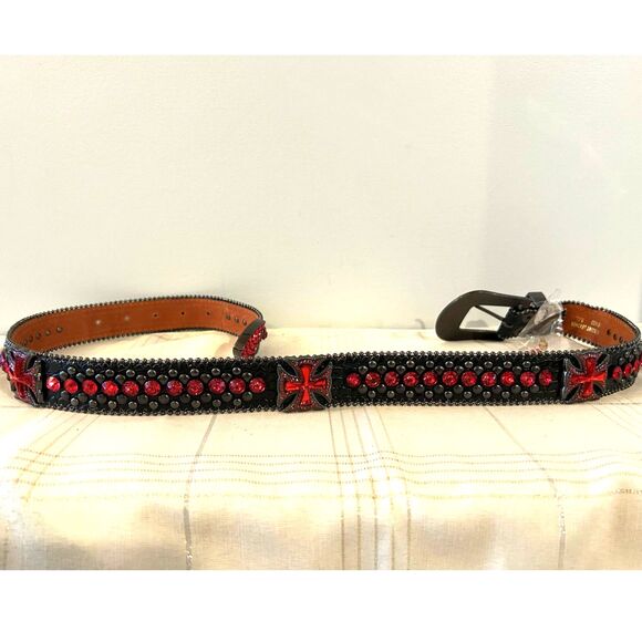 Black and Red Leather Crystal Cross Western Belt - Size M/L - New - Picture 4 of 7